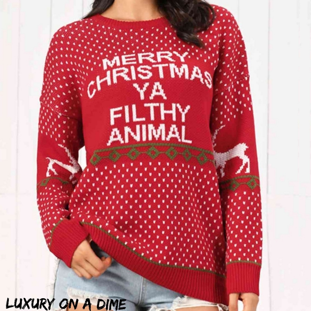 Merry Christmas Ya Filthy Animal Funny Home Alone Movie Knit Sweater Holiday Top